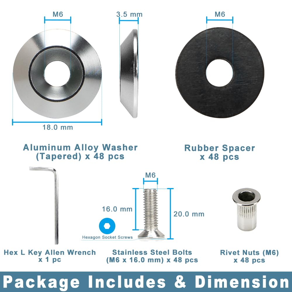 Kit di rondelle coniche in alluminio anodizzato, 48 pezzi, M6 x 18 mm, per widebody, parafanghi, parafanghi, vano motore (argento)