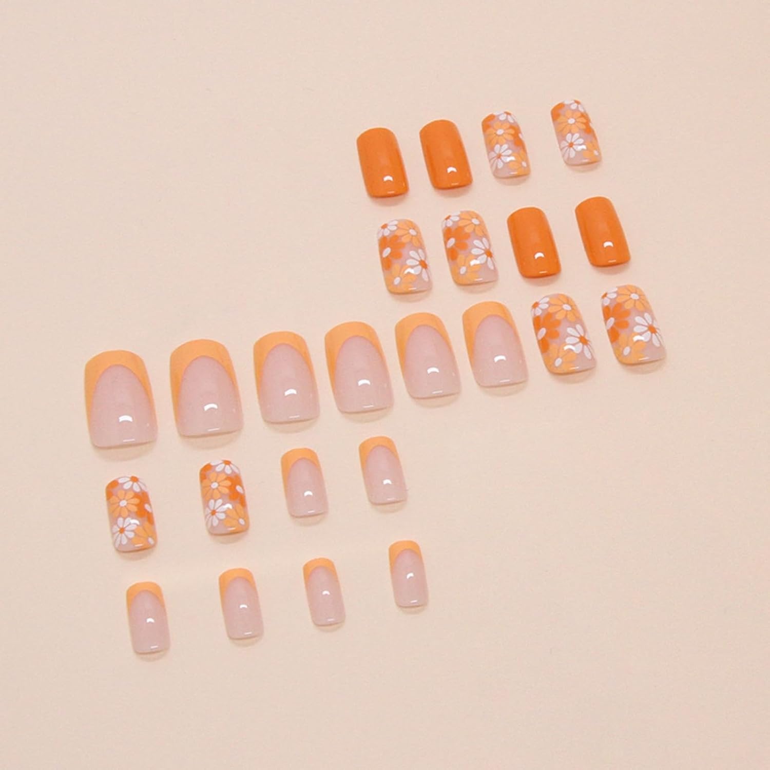 Flower Press on Nails Short Square Fake Nails French Tip False Nails Glossy Full Cover Acrylic Nails Orange Glue on Nails Artificial Stick on Nails for Women Manicure 24 Pcs