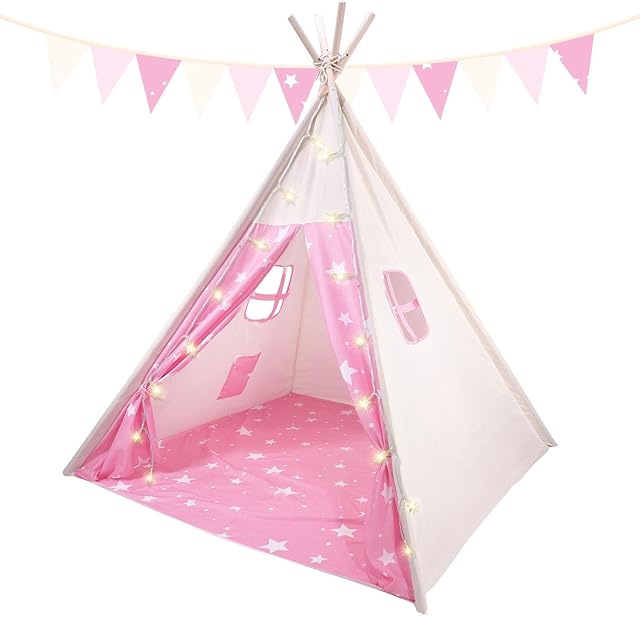 SOKA Pink Teepee Tent for Kids Foldable Cotton Canvas Indoor Outdoor Playhouse Tipi Play Tent with Windows & Carry Case Perfect for Home Bedroom Garden Camping Beach - Children Boys Girls