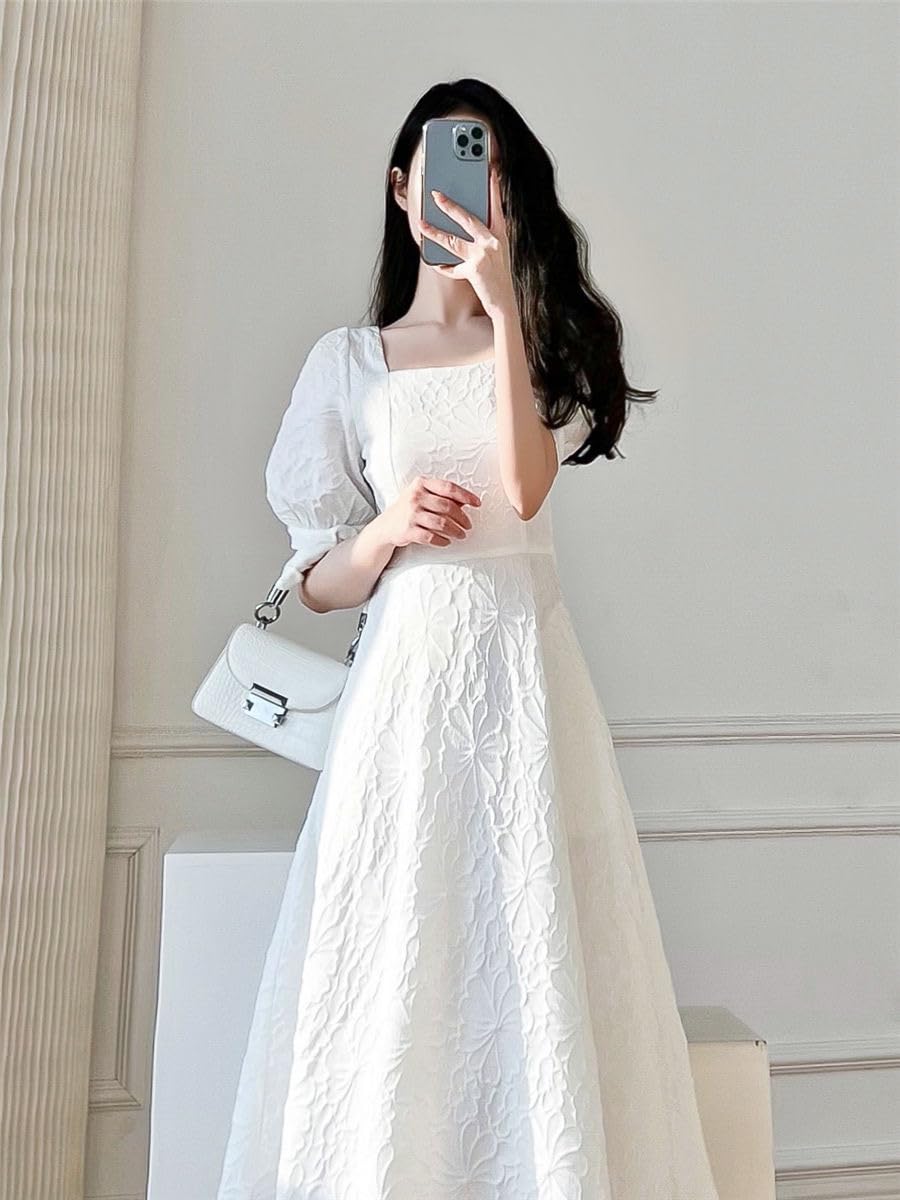 QQLady 2023 Französisches Kleid mit quadratischem Ausschnitt, Damen-Sommerkleid mit quadratischem Ausschnitt und Puffärmeln, Retro-Taille, schlankmachendes, sanftes Kleid (White,Small)