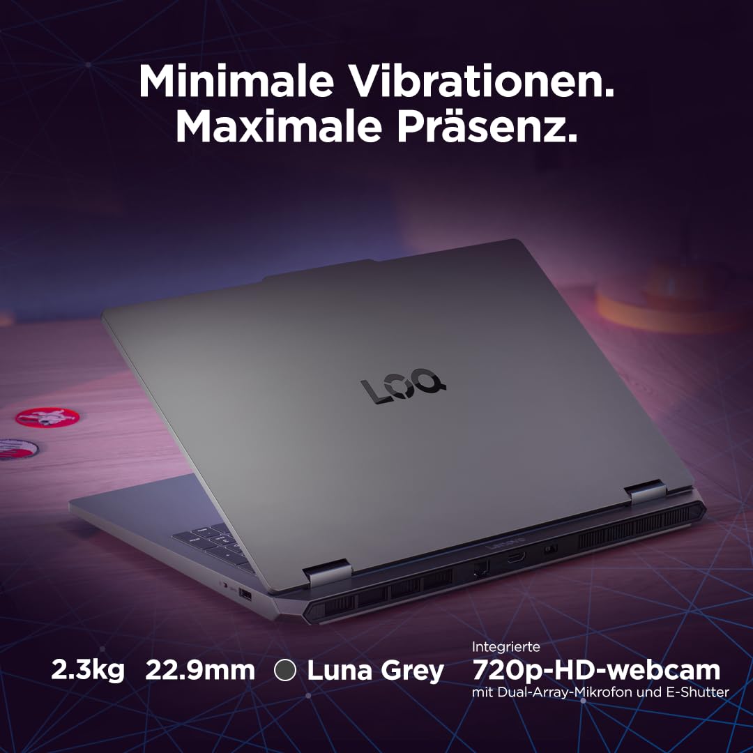 Lenovo LOQ Essential Gaming AI Laptop | 15.6" FHD 144Hz | NVIDIA GeForce RTX 5050 | Intel Core i5-13450HX | 16GB RAM | 512GB SSD | Windows 11 | QWERTZ | Weiss-beleuchtet | Grau | 3 Monate Game Pass