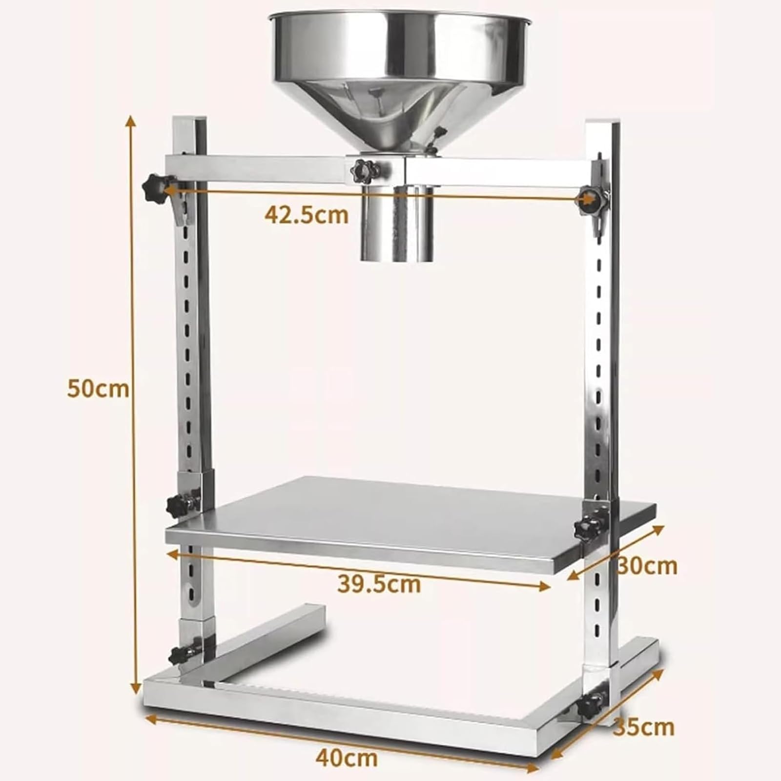 Tolva de alimentación de acero inoxidable, embudo de llenado manual con soportes dobles, altura ajustable y base de carga mejorada, para envasado de polvo, líquido y gránulos 1.2cm