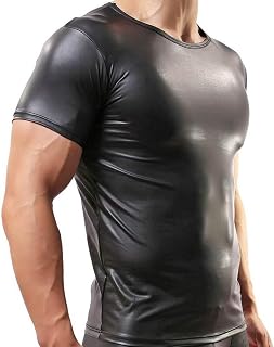 Men's Undershirt Faux Leather Wetlook Shirt Muscle Fit Athletic Tank Top T-Shirts