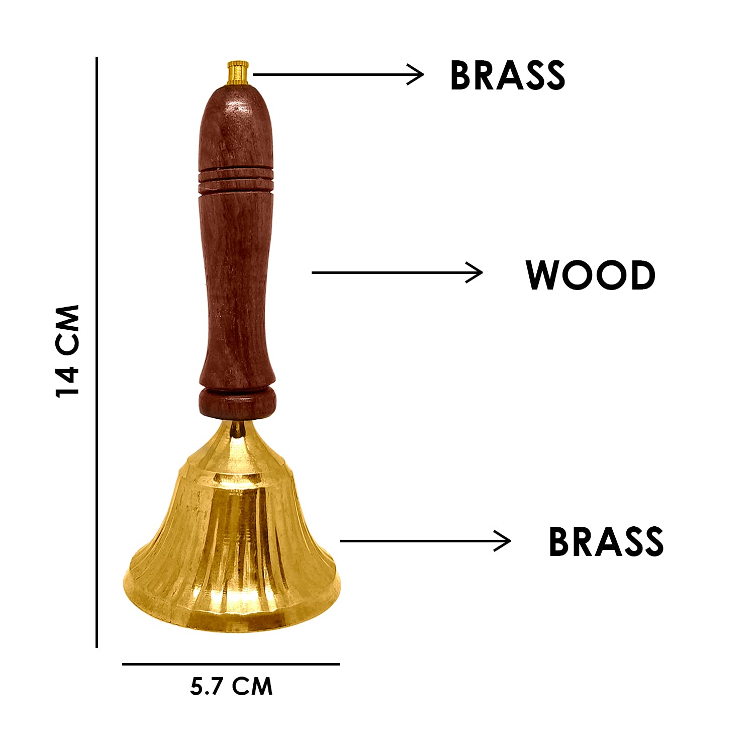 SATVIK 1PC - 5.5 Inch l Wooden Handle Handheld Brass Bell for Puja l Traditional Bells for Mandir l Ideal for Daily Puja & Gifting l Divine Sound l Brass Ghanti for Pooja, Temple & Prayer Room