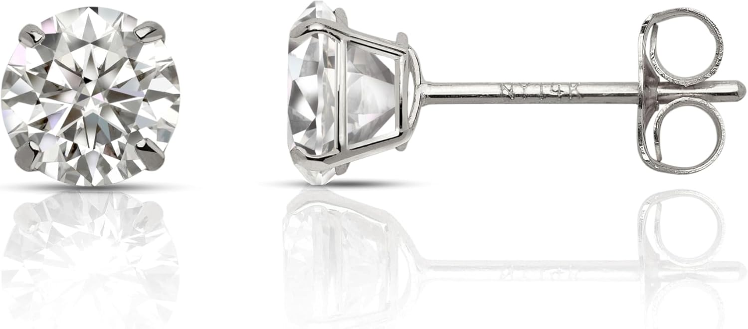 Olivia's Collection 14k White or Yellow Gold 14k White Gold Solitaire Round Cubic Zirconia Stud Earrings with Secure Screw-Backs. Piercing to the Lobe, Upper-Lobe, and further for a Woman, Man, and Teen