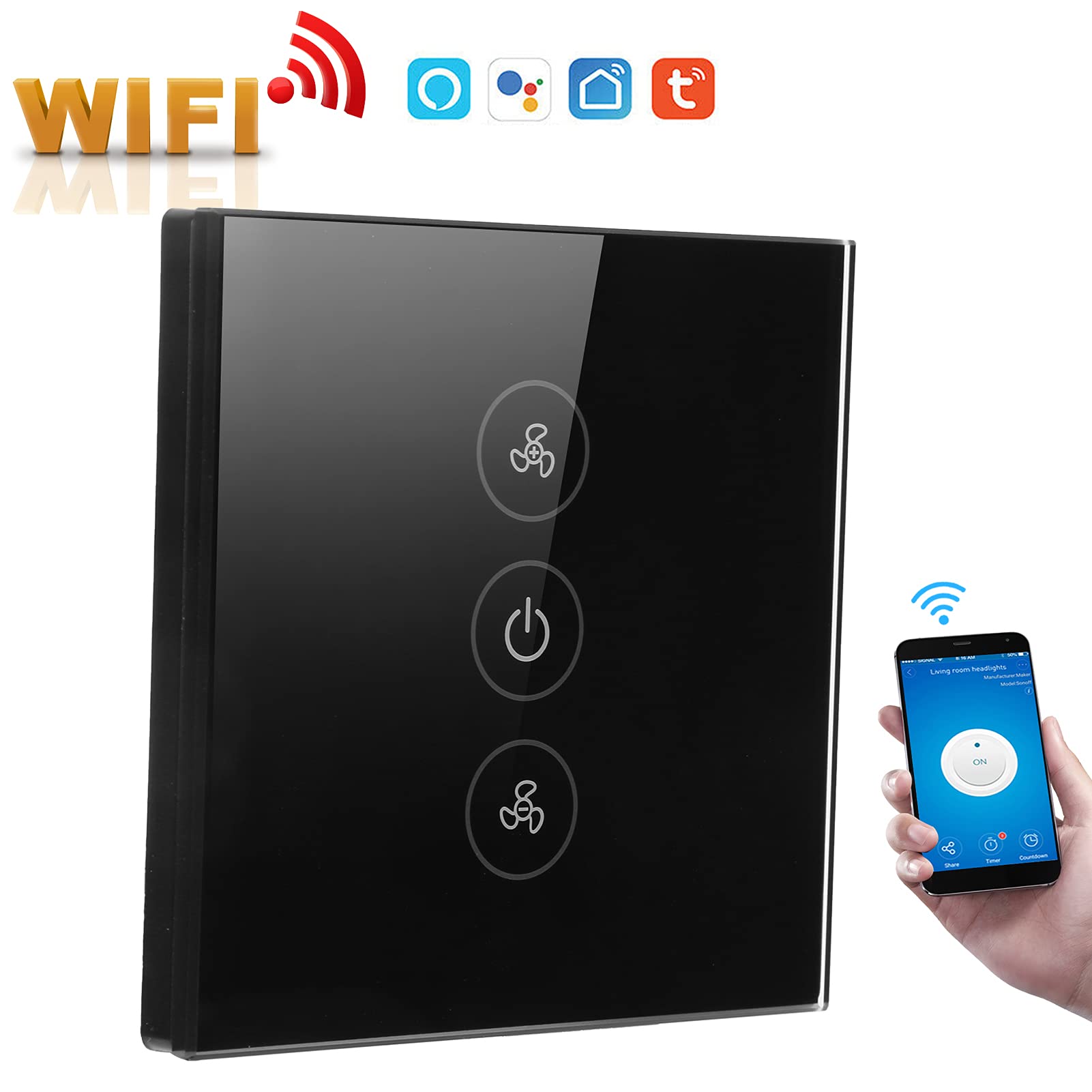 Przełącznik wentylatora Wi-Fi, inteligentny przełącznik ściemniacza WiFi, bezprzewodowy programator, sterowanie za pomocą aplikacji głosowej do Tuya 110-240 V, 50/60 Hz (czarny)