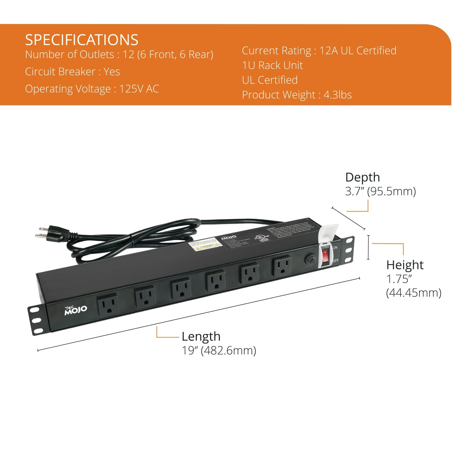 Tecmojo - Fuente de alimentación PDU de calidad de red 1U, 12 enchufes en ángulo recto de gran espacio, disyuntor de 12 A (certificado UL 12 A), cable de 1,8 m con enchufe 5-15P