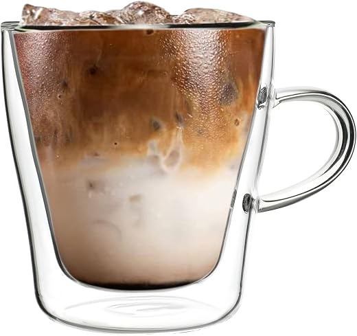 Cutting EDGE Iris Double Wall Heat Resistant Borosilicate Clear Tea Coffee Cup with Handle Glass Coffee Mug (300 ml) (Pack...
