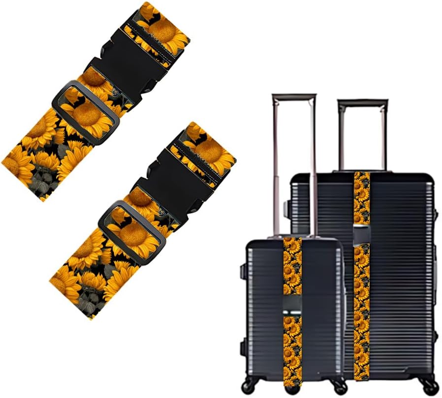 2 Pack Luggage Straps for Suitcases, Adjustable Travel Belt with Buckle, 2" Wide Heavy Duty Suitcase Straps for Summer Vacation, Bright Sunflower Pattern, Travel Essentials, Yellow/Black image 2