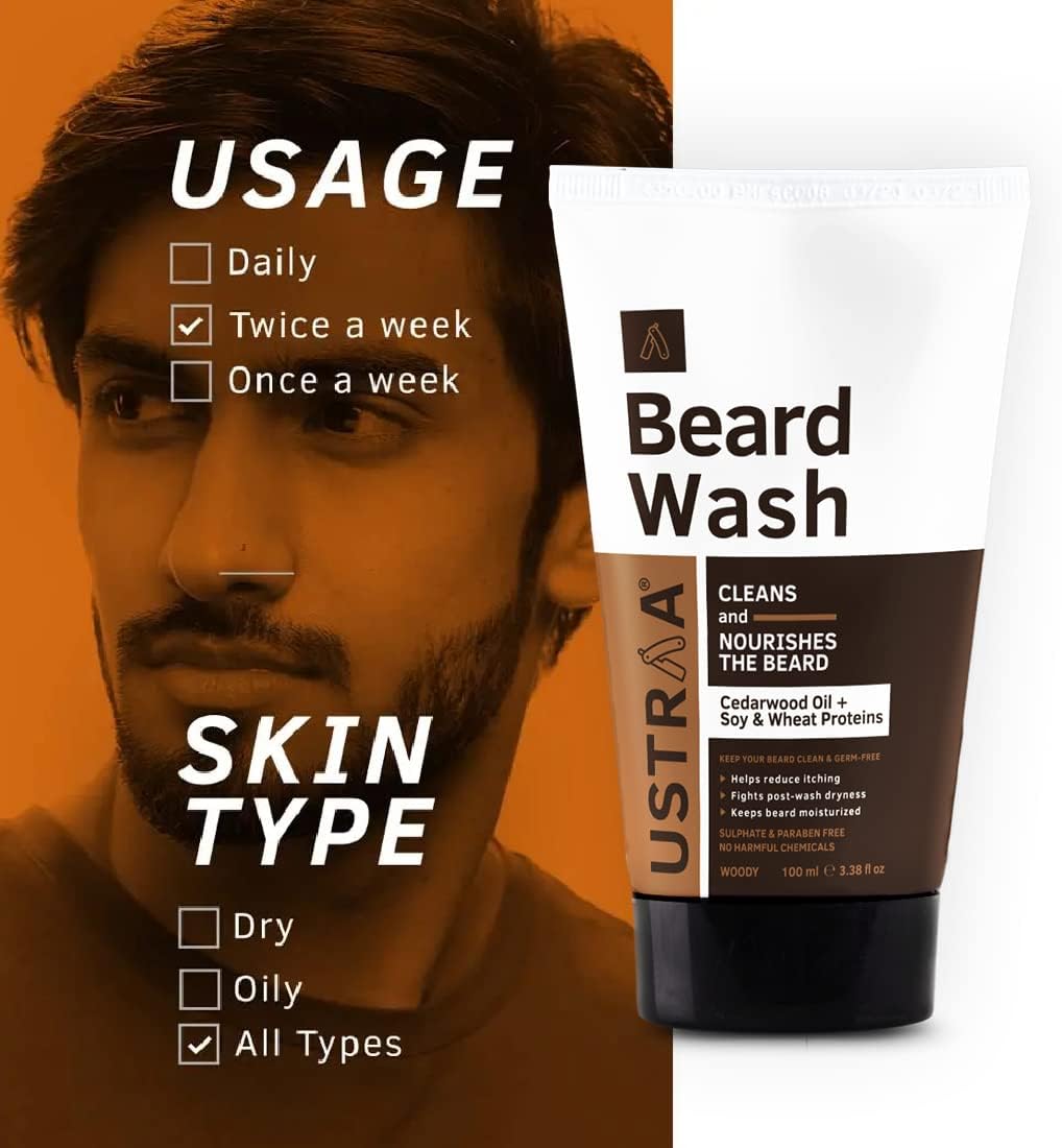 Ustraa Beard Wash Woody - 100 ml - Sulphate-free Beard Wash | Thick Foam, No Post-wash Dryness, Cleansed & Smooth Beard | Beard Shampoo for Germ-Free Beard