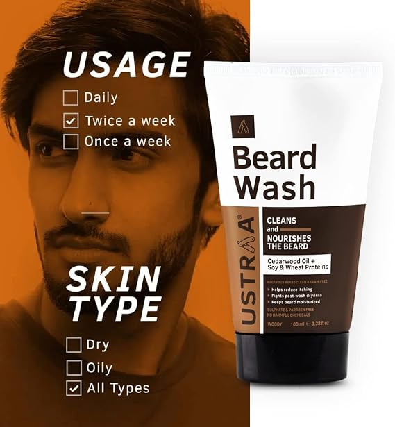 Ustraa Beard Wash Woody - 100 ml - Sulphate-free Beard Wash | Thick Foam, No Post-wash Dryness, Cleansed & Smooth Beard | Beard Shampoo for Germ-Free Beard
