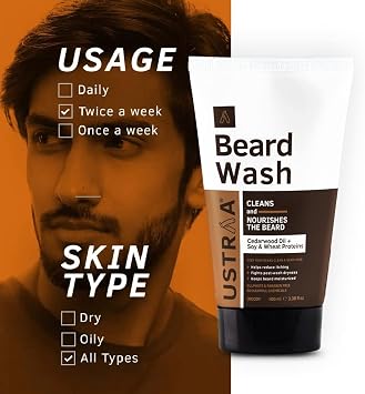 Ustraa Beard Wash Woody - 100 ml - Sulphate-free Beard Wash | Thick Foam, No Post-wash Dryness, Cleansed & Smooth Beard | Beard Shampoo for Germ-Free Beard