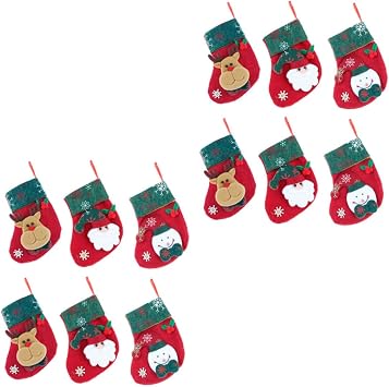 12pcs Cartoon Christmas Stocking Bags Red and Green Candy Storage Accessories for Tree Ornaments Holiday Decor for Home Parties and Stores