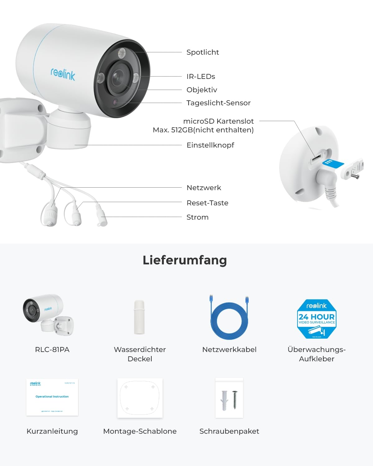 Reolink 4K PoE Überwachungskamera Außen mit 180° Pan, Spotlight, RLC-81PA | PoE Outdoor IP Kamera mit Zwei-Wege-Gespräch, Farbnachtsicht, Auto-Tracking, Smarte Personen-/Fahrzeug-/Haustiererkennung