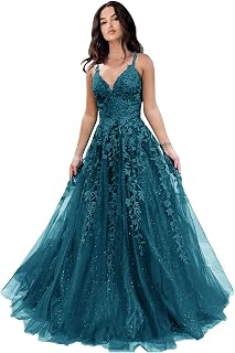 Tulle Prom Dresses for Women 2025 Sparkly Lace Appliques Long Ball Gowns Spaghetti Straps A-Line Evening Gowns