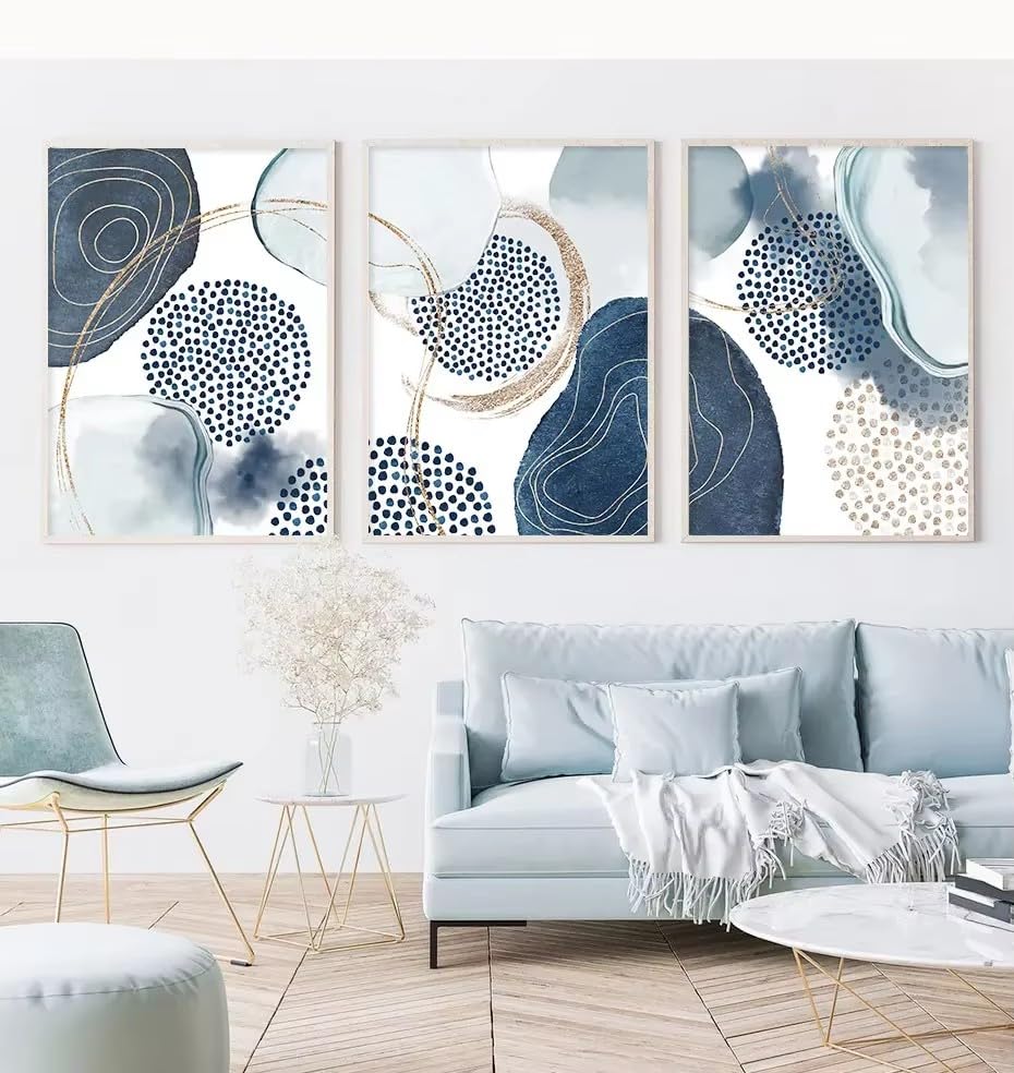 Toile géométrique abstraite bleue et dorée au fini artistique premium