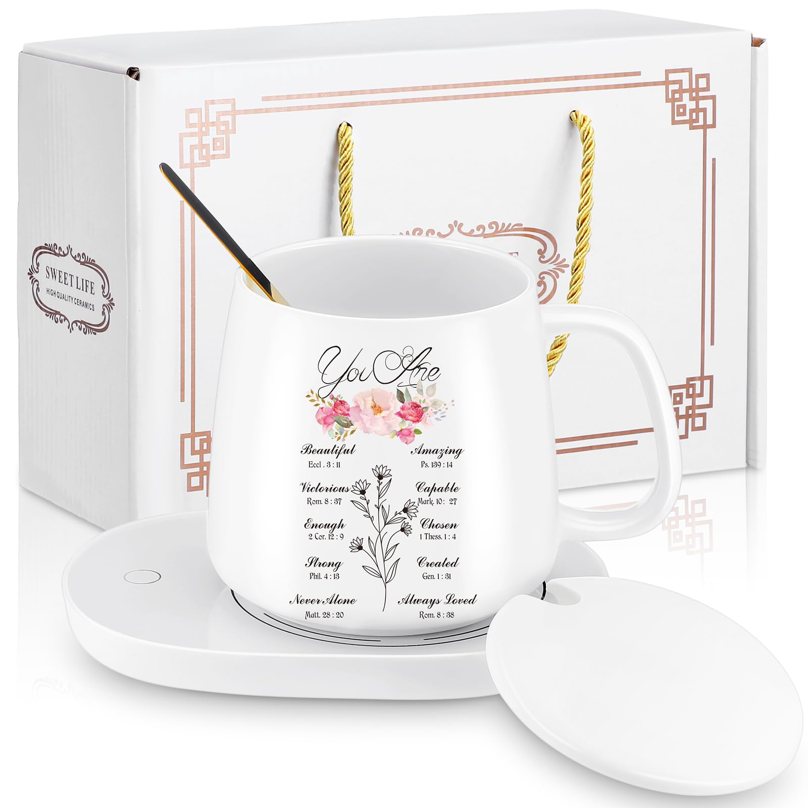 Suclain Christian Coffee Mug with Warmer Set for Women 13.5 oz Coffee Cup Mug Warmer for Desk Inspirational Electric Cup Warmer with Auto Shut Off for Home Office Mother Teacher Gifts(Elegant)