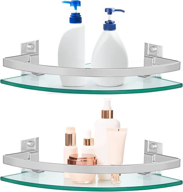 Skelang 2Pcs Bathroom Shower Caddy with Rail, Wall Mounted 240x240mm Shampoo Holder Organizer with 8 Brackets, 8mm Thick Tempered Glass Corner Shelf for Kitchen, Living Room, Bedroom
