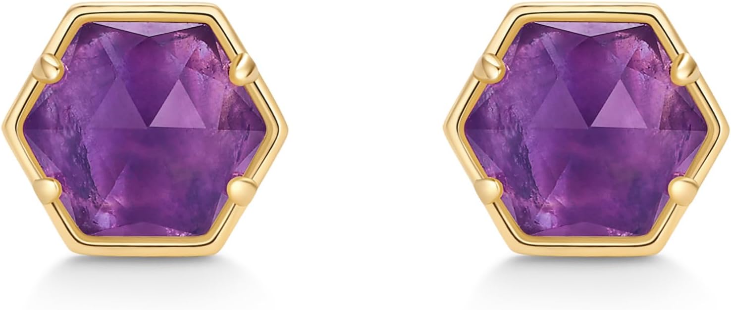 PAVOI 14K Gold Plated Hexagon Gemstone Stud Earrings for Women | Natural Birthstone Earring Pair - Image 3