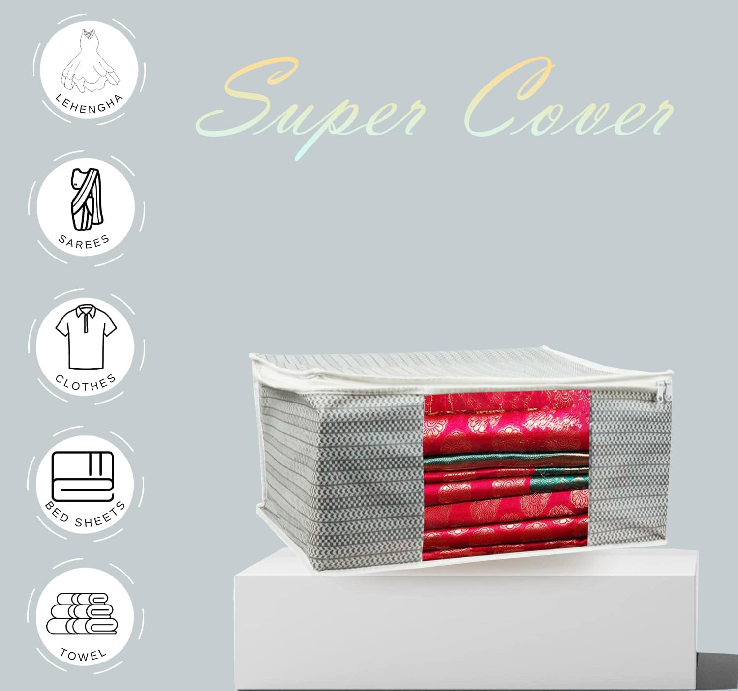 ANKIT INTERNATIONAL Saree Cover Storage Bags Pack of 12 – Non Woven Foldable Clothes Storage Organizer with Zipper & Clear Window, Wardrobe Garment Storage for Sarees, Dresses (Grey)