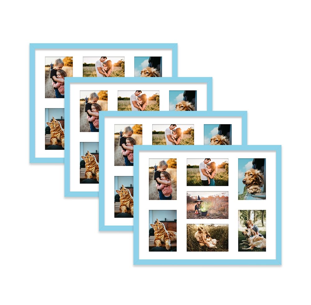 Light Blue Multi Photo Frame - Holds 7 x 6x4 Pictures, Family Collage Picture Frame for Wall Display, 20x16 Frame size, Set of 4
