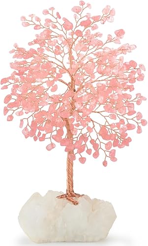 MASGEMES Árbol de la vida con piedras preciosas de cristal, cuarzo rosa natural con base de cuarzo transparente, equilibrio de chakras, energía