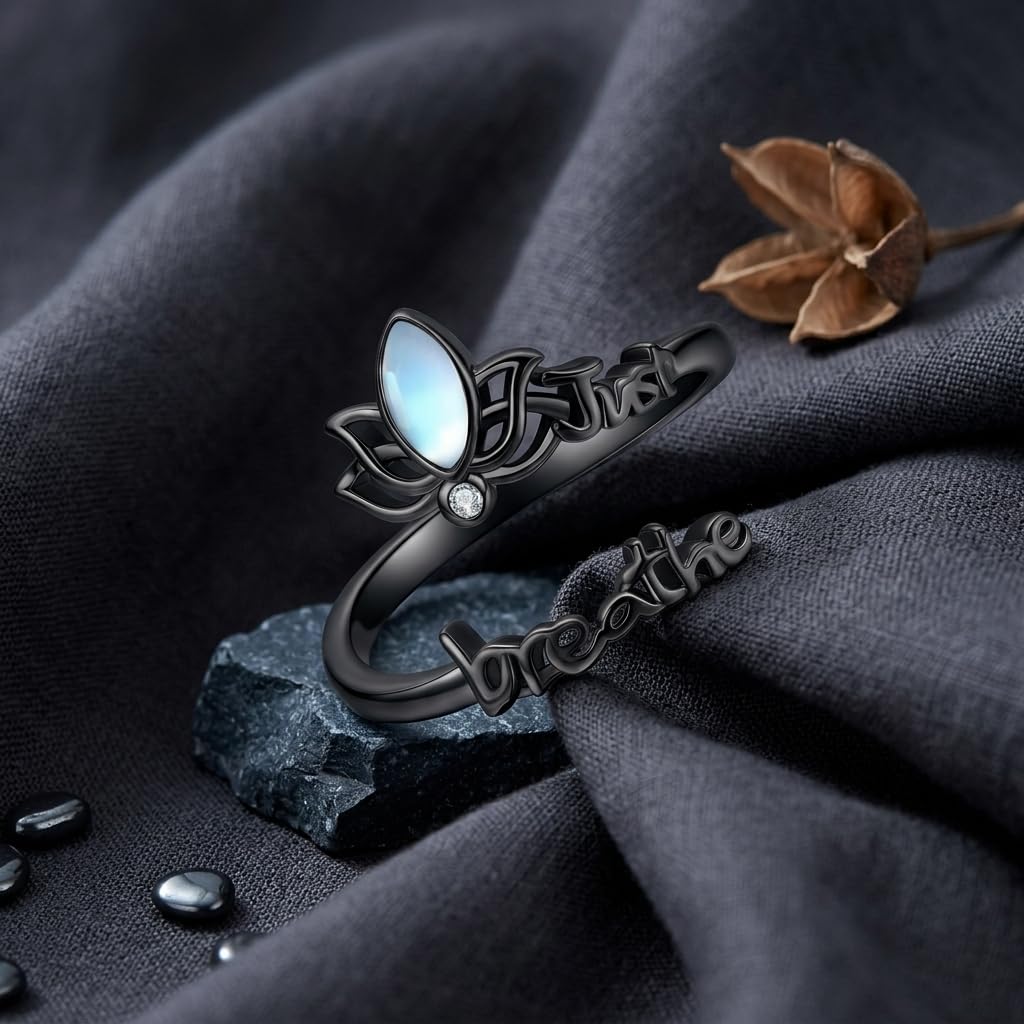 DAYLINLOVE Atme Einfach Ring 925er Sterling Silber Lotus Mondstein/Türkis/Semikolon Amethyst Opal Verstellbarer Daumen Ring Angst Psychische Gesundheit Bewusstsein Schmuckgeschenke für Damen Mama Oma