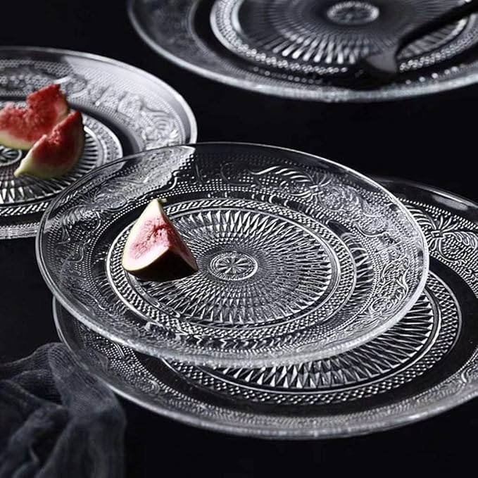 Image of Glass Dinner Plate, 7 Inch Large, Serving Plate Salad Fruit Pasta Snacks Tray Crystal Decoration, Vintage Embossed Dinnerware for Catering Event, Parties, Home B'day Wedding (Set of 6)