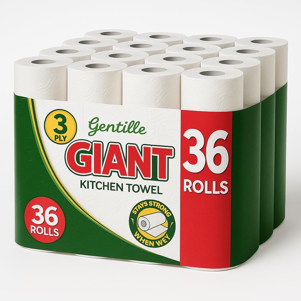 Gentille Giant 3 Ply Thickness Paper Towel | Extra Strong, Absorbent, Tough, Durable Kitchen Roll | Multipurpose Bulk Pack (18)