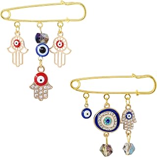 Honbay 2PCS Enamel Evil Eye Brooch Pins Safety Pins Rhinestones Lapel Pins with Tassel - 2 Style