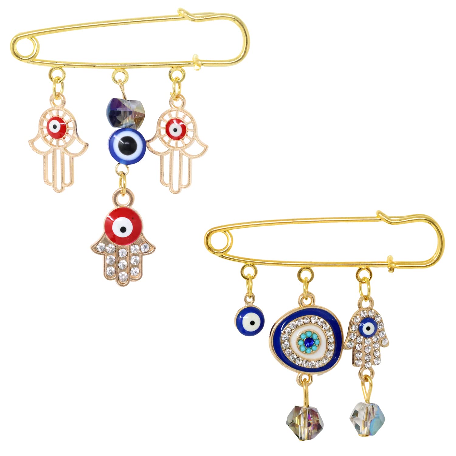 Honbay2PCS Evil Eye Brooches Lapel Pins Safety Pins Inlaid with and Rhinestones, Blue and Red, with a Gift Box