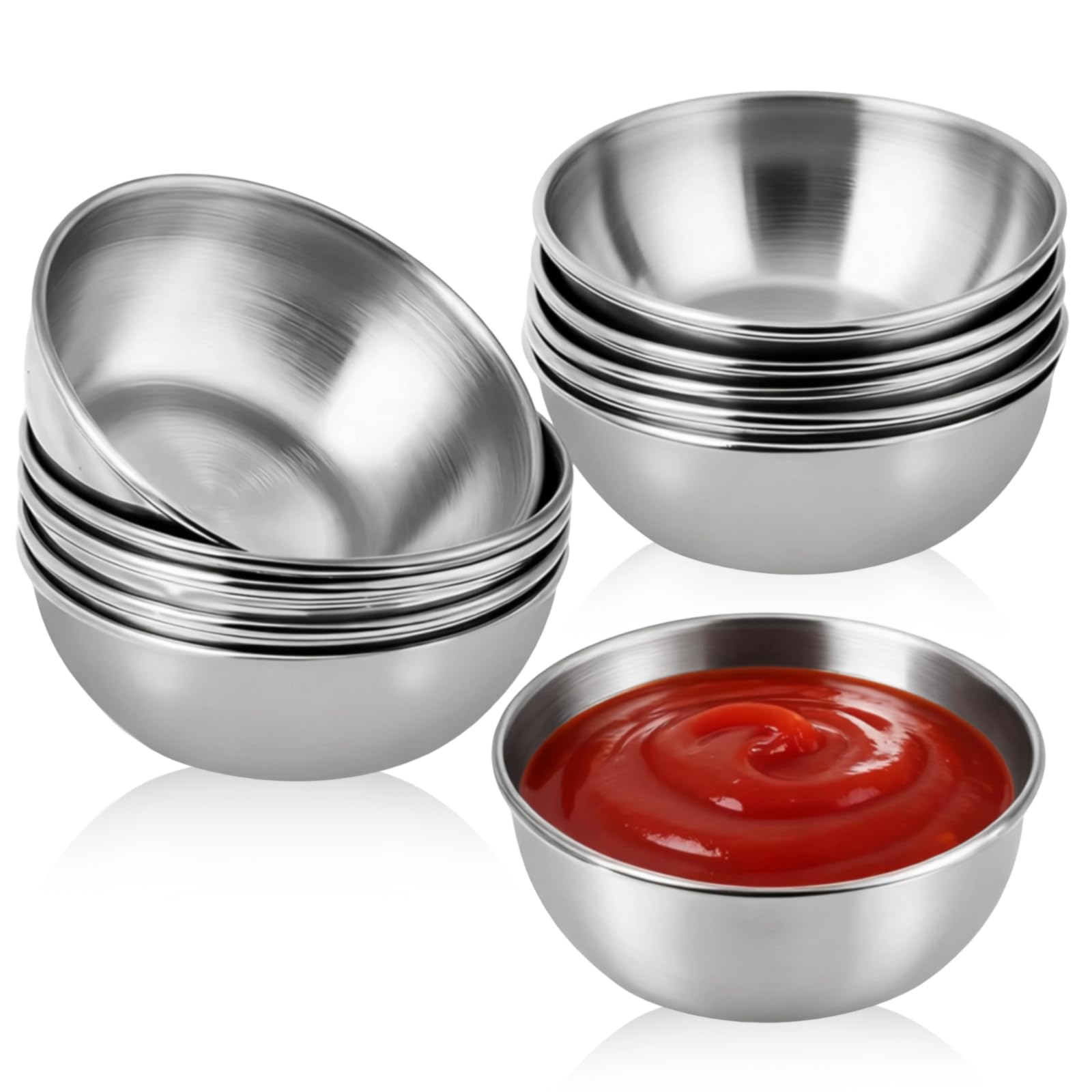 YTSMFL 8 Stück Edelstahl Schüssel Set, Rührschüssel 9cm Spülmaschinenfest Stapelbare Schüsseln mit Skala Servierschüssel für Salatschüssel Silber Metallschüssel für Dippen von Saucen