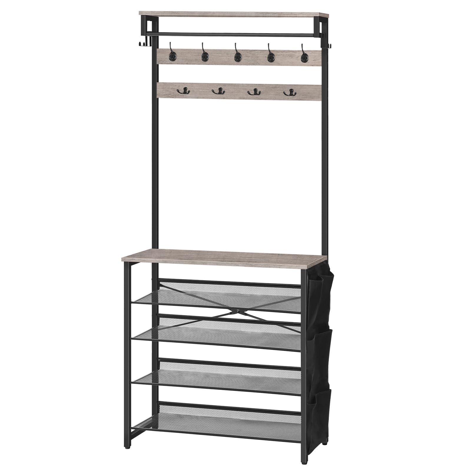 HOOBRO Kapstok, kledingstandaard, garderobe met, schoenenrek met 5 niveaus, industrieel design, voor hal, industrieel, greige-zwart EBG80MT01G2