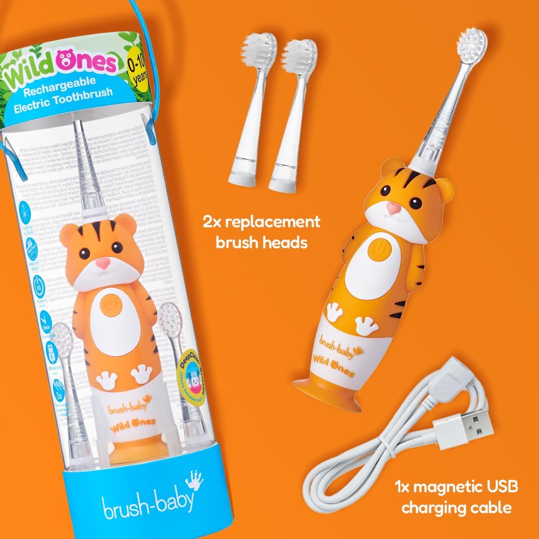 BrushBaby - WildOnes - Kids Rechargeable Electric Toothbrush, Ages 0-10 - Tiger Design with Flashing Lights - DeepClean Bristles for Superior Cleaning - 2 Replacement Brush Heads, 1 USB Cable