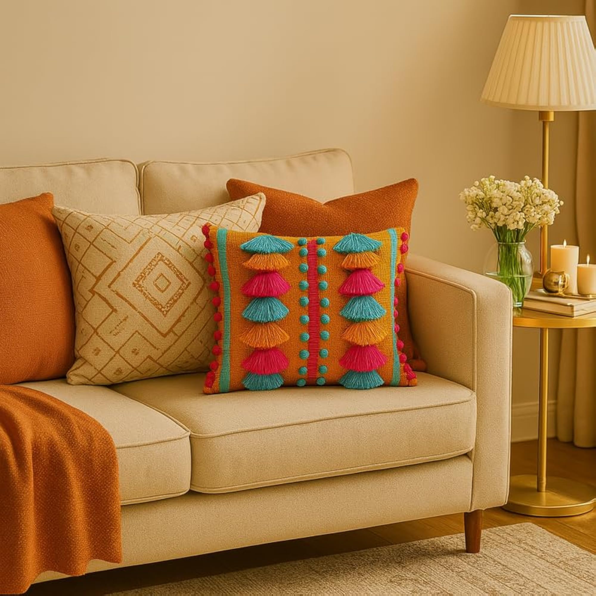 Burnt Orange Savannah Cushion Cover Boho Multicolor Pom Pom