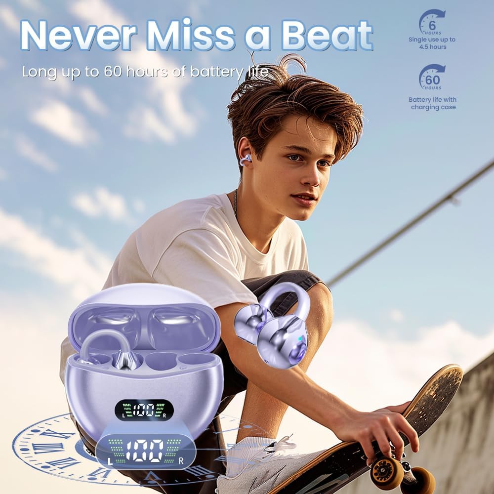 Clip on Earbuds Open Ear Wireless Bluetooth 5.4 Headphones with Mic,60H Play,Noise Cancelling,Waterproof,Sports Ear Buds,Comfortable for Small Ears & Glasses Wearers,Workouts (Purple) - Image 2