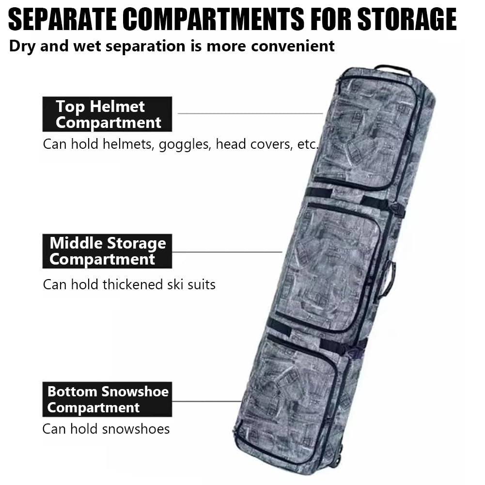 KK-GAL Mobile Padded Snowboard Bag Carrier, Low Roller Snowboard Bag, Ski and Snowboard Bag with Wheels, Padded Snowboarding Travel Bag for Flying, Ski Equipment Accessories,146cm