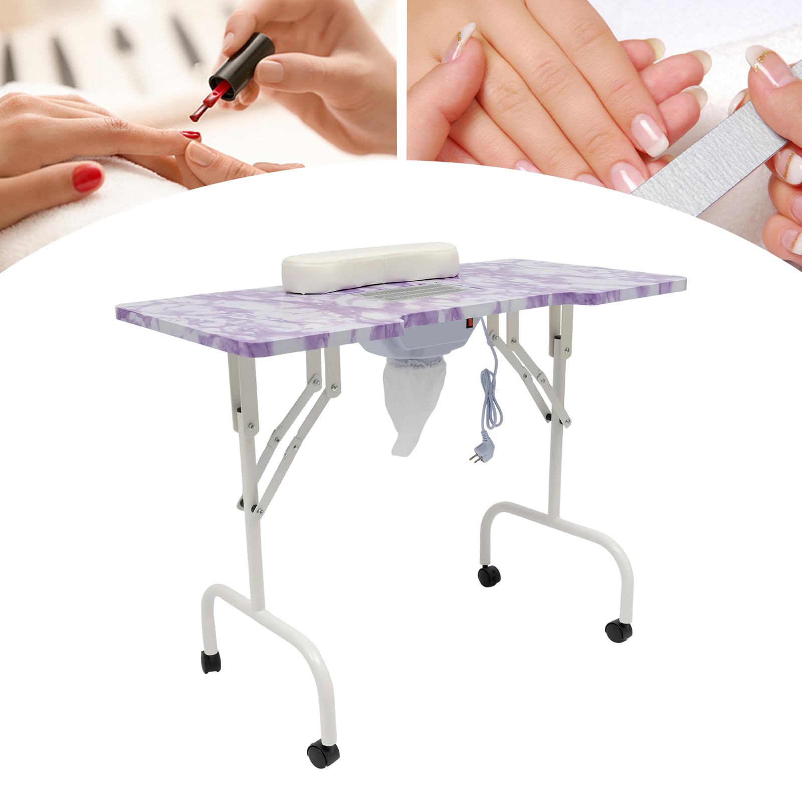 Tavolo per manicure, portatile, pieghevole, con potente raccoglitore di polvere (5,5 W), 4 ruote con freni, per casa, studio, ufficio, salone di bellezza, 95 x 48 x 72,5 cm, viola