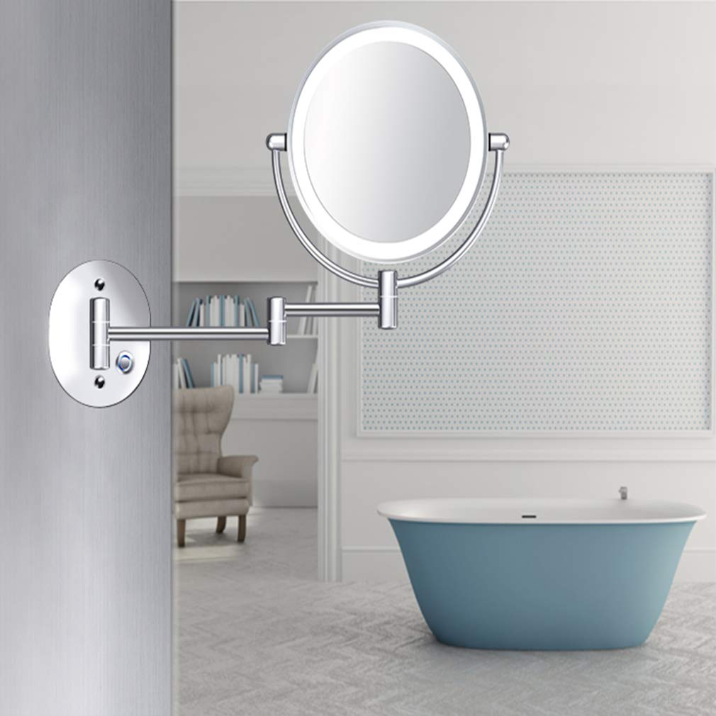 Espejo de maquillaje LED de doble cara de 360°, espejo de tocador montado en la pared con aumento de 7X/10X, extensible para una rutina de belleza definitiva en el baño