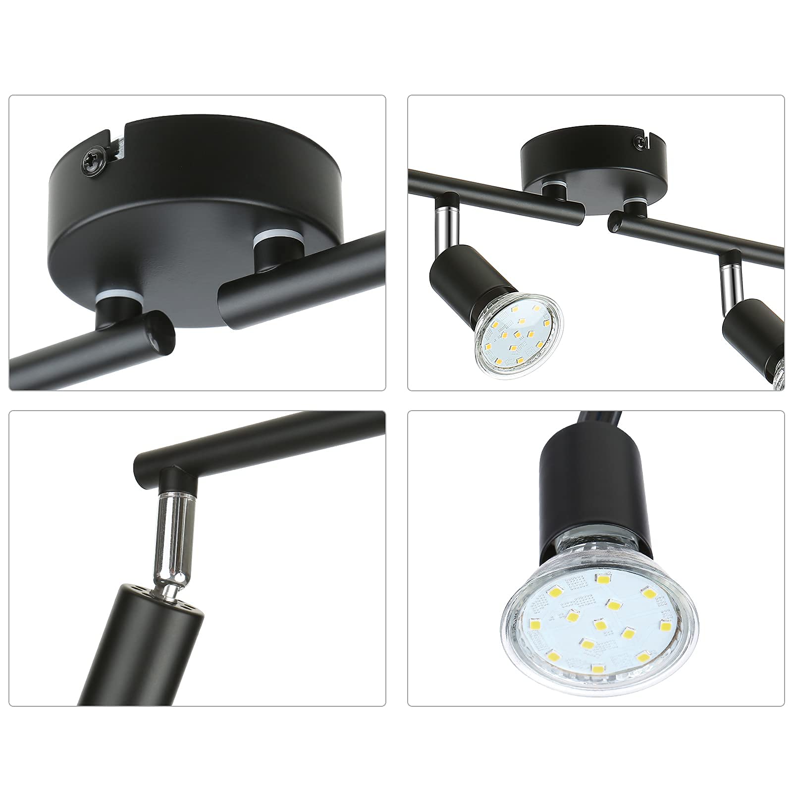 Tomshine Plafonnier LED 4 Spots orientables, noir 4 x 4W GU10 Barre Spot Plafond LED Eclairage intérieur pour Salon Salle à Manger