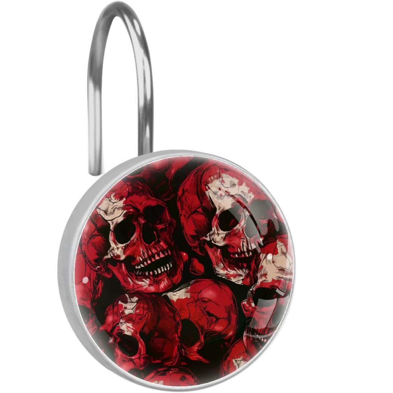 Anillos de cortina de baño de cristal con estampado gótico de calavera roja