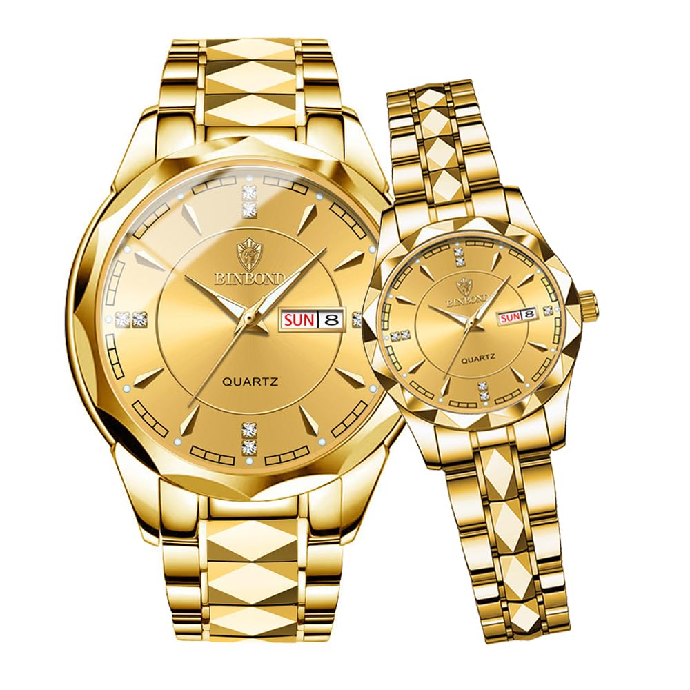 Montre analogique à quartz avec bracelet en acier inoxydable et calendrier pour couple