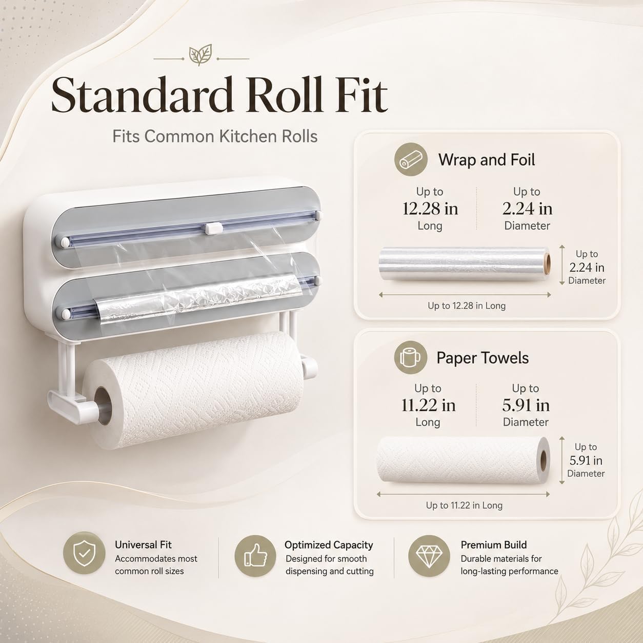 Magnetic Wrap Dispenser with Cutter, 3-in-1 Kitchen Roll Holder | Fits plastic wrap, foil and paper towels, metal-surface mounting, wall holes and sticker setup for flexible kitchen placement