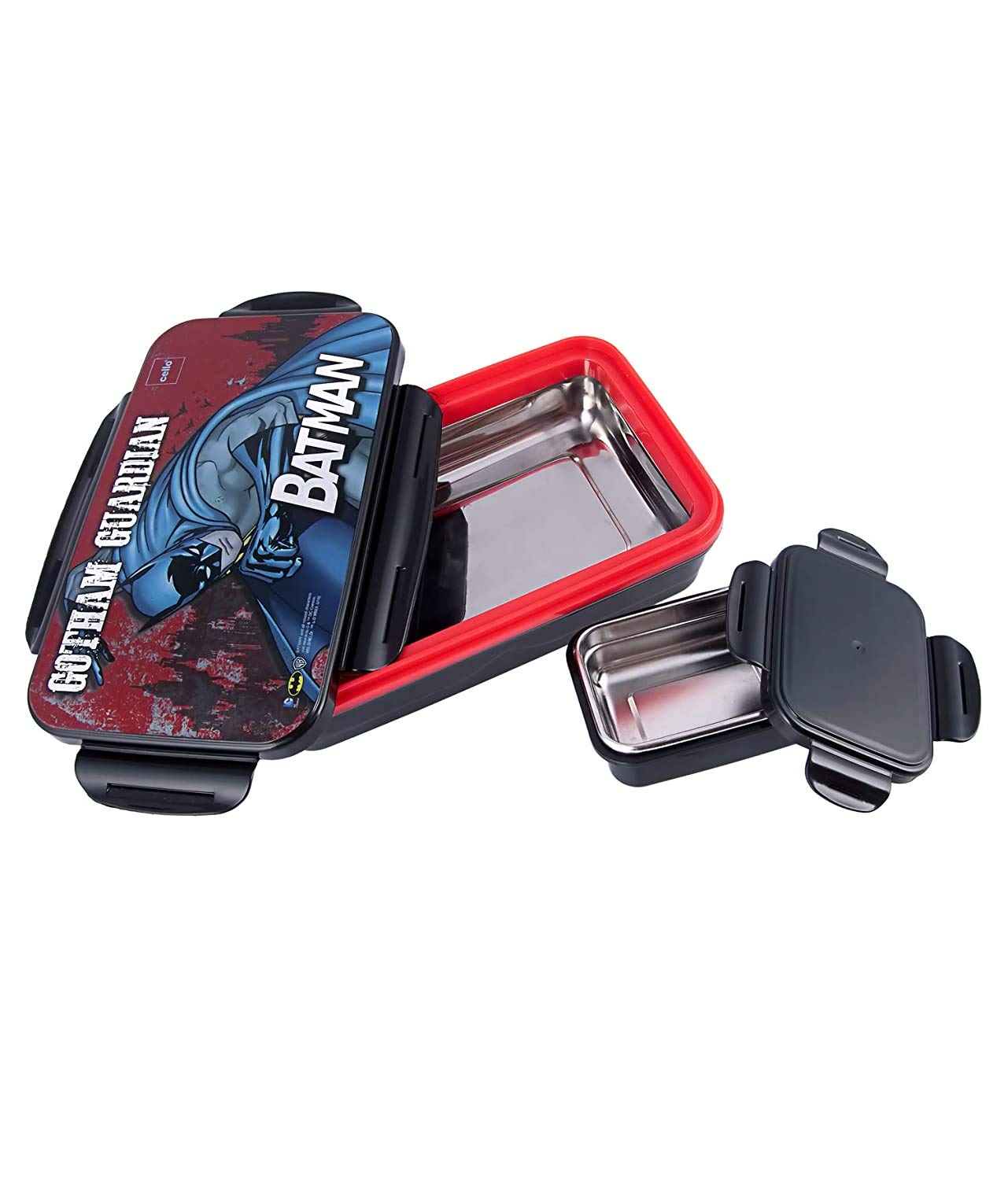 CELLO HI-Lunch Big Deluxe Insulated Lunch Box with Inner Steel and Stainless Steel Veg Box, Attractive Batman Print, Black