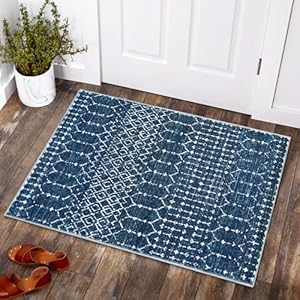 Lahome Moroccan Indoor Rugs for Entryway – 2×3 Area Rug Non-Slip Backing Washable Inside Door Mats Low-Profile Throw Soft Rugs for Bathroom, Geometric Print Distressed Blue Rug for Kitchen Bedside