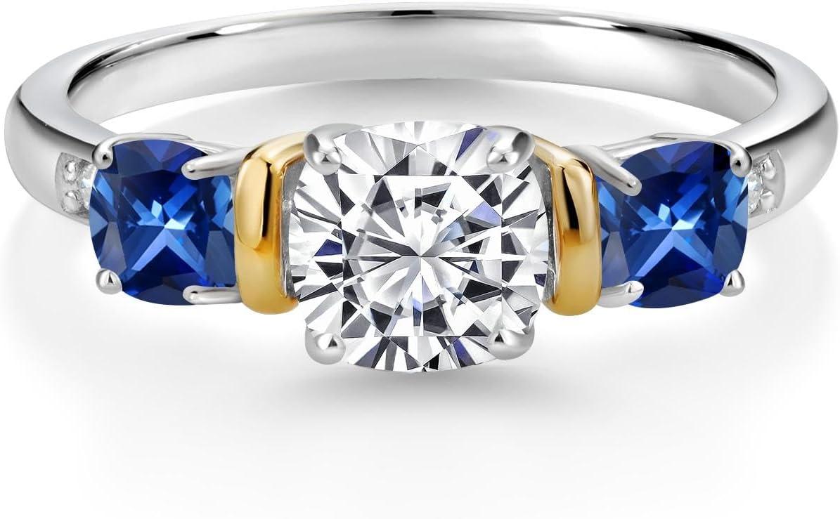 Gem Stone King 2.72 Cttw 925 Silver & 10K Yellow Gold IGI Certified Lab Grown Diamond and Created Sapphire 3 Stone Ring For Women | 1 Ct Center Cushion Cut Diamond | E-F Color VS1-VS2 Clarity - Image 2