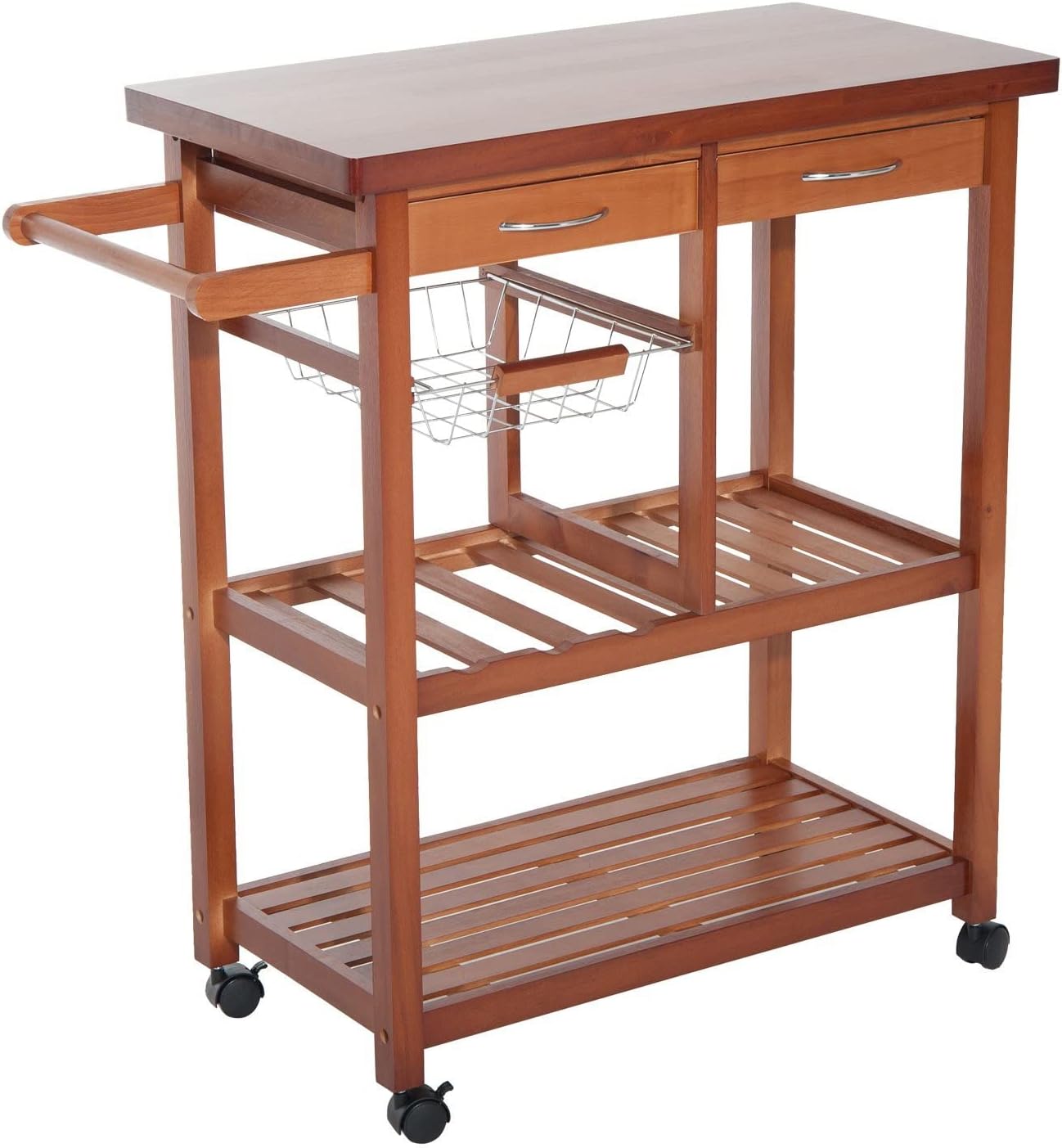 HOMCOM 32" Wooden Rolling Kitchen Cabinet Organizer Cart with 3 Bottle Wine Rack