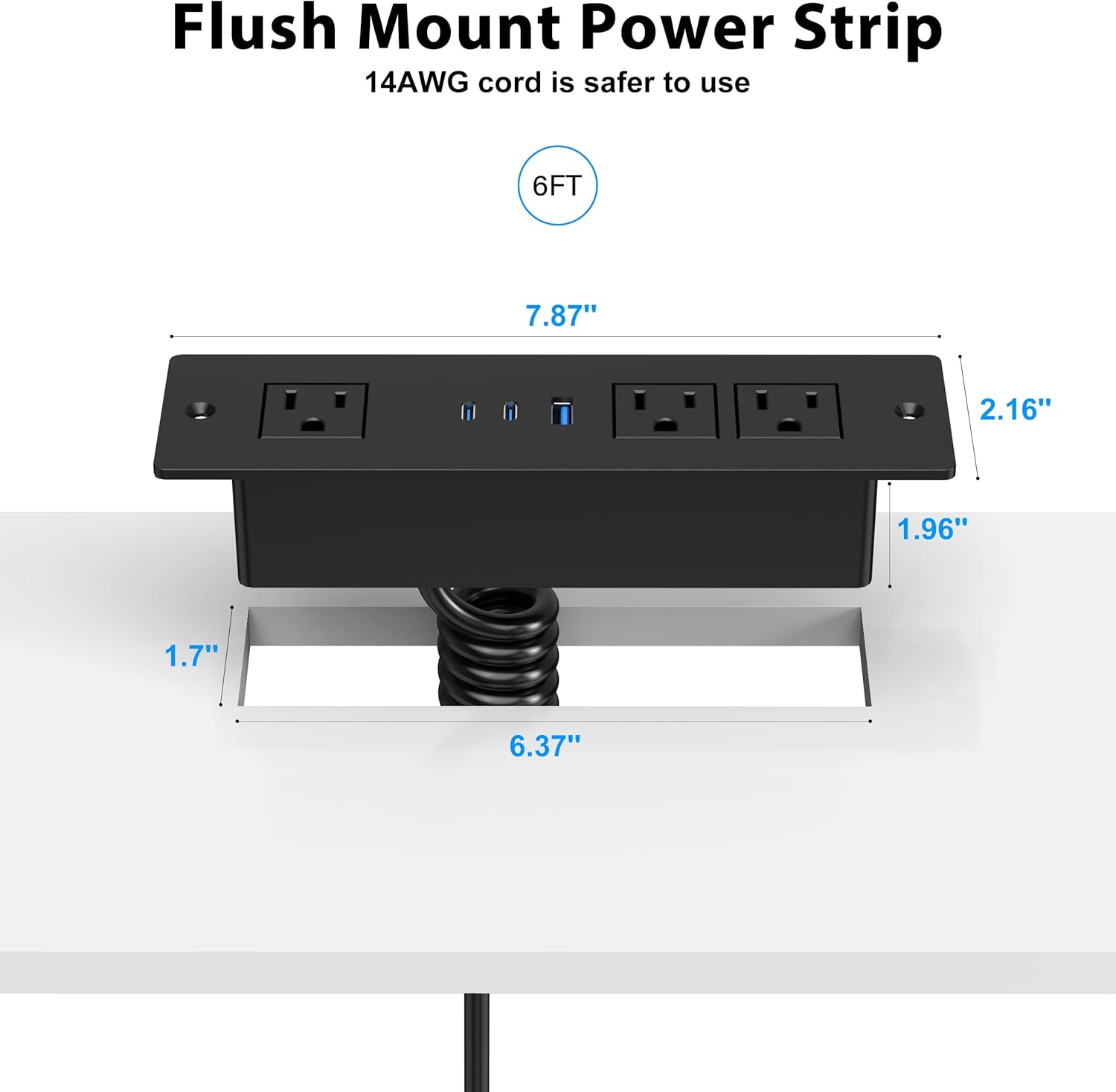 Drawer Outlet Kit with 65W USB C Fast Charging Station, HEZI Recessed Power Outlet with 3 USB Ports & 3 AC Outlets, Furniture Flush Mount Power Strip for Home Office 6ft Cord