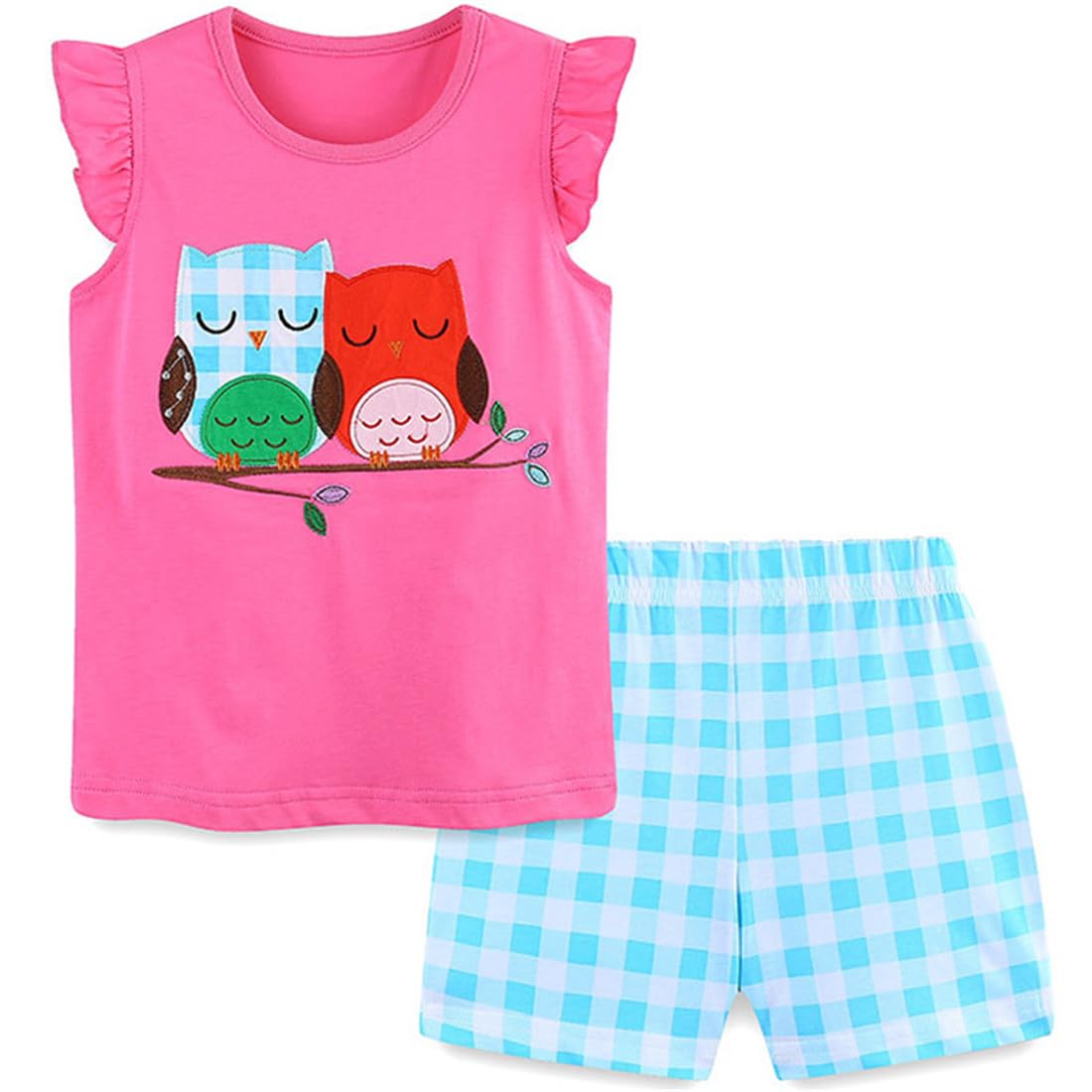 REWANGOING 2Pcs Baby Girls Cotton Butterfly Birds Summer Short Sleeve T-Shirt Tops and Short Outfits Clothes Set