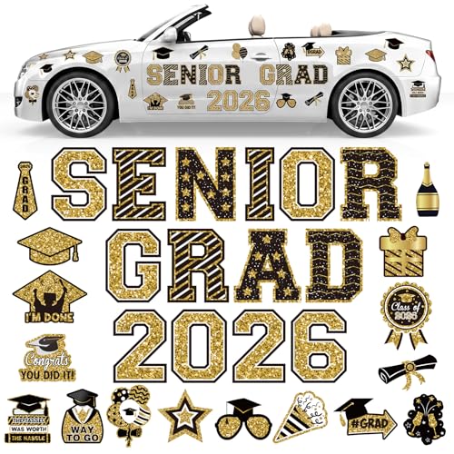 FunooFuno 30 Pcs 2026 Senior Graduation Car Magnets Black and Gold Grad Fridge Magnets Grad 2026 Graduation Car Decorations for Refrigerator Fridge Garage Door Magnetic Decorations